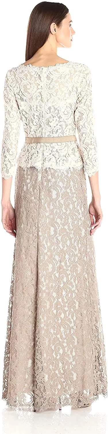 Adrianna Papell - 81907760 Quarter Sleeve Lace Gown - 1 pc Ivory Taupe in Size 8 Available