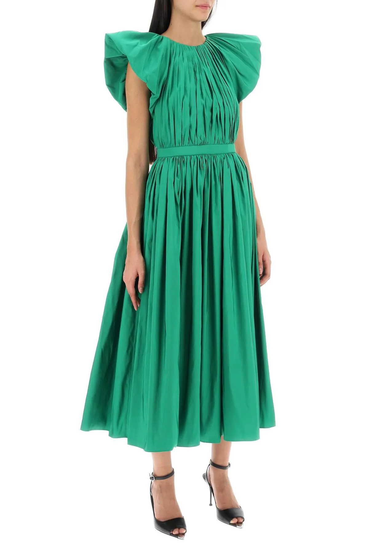 Alexander mcqueen pleated open back midi dress 752436 QEACM BRIGHT GREEN