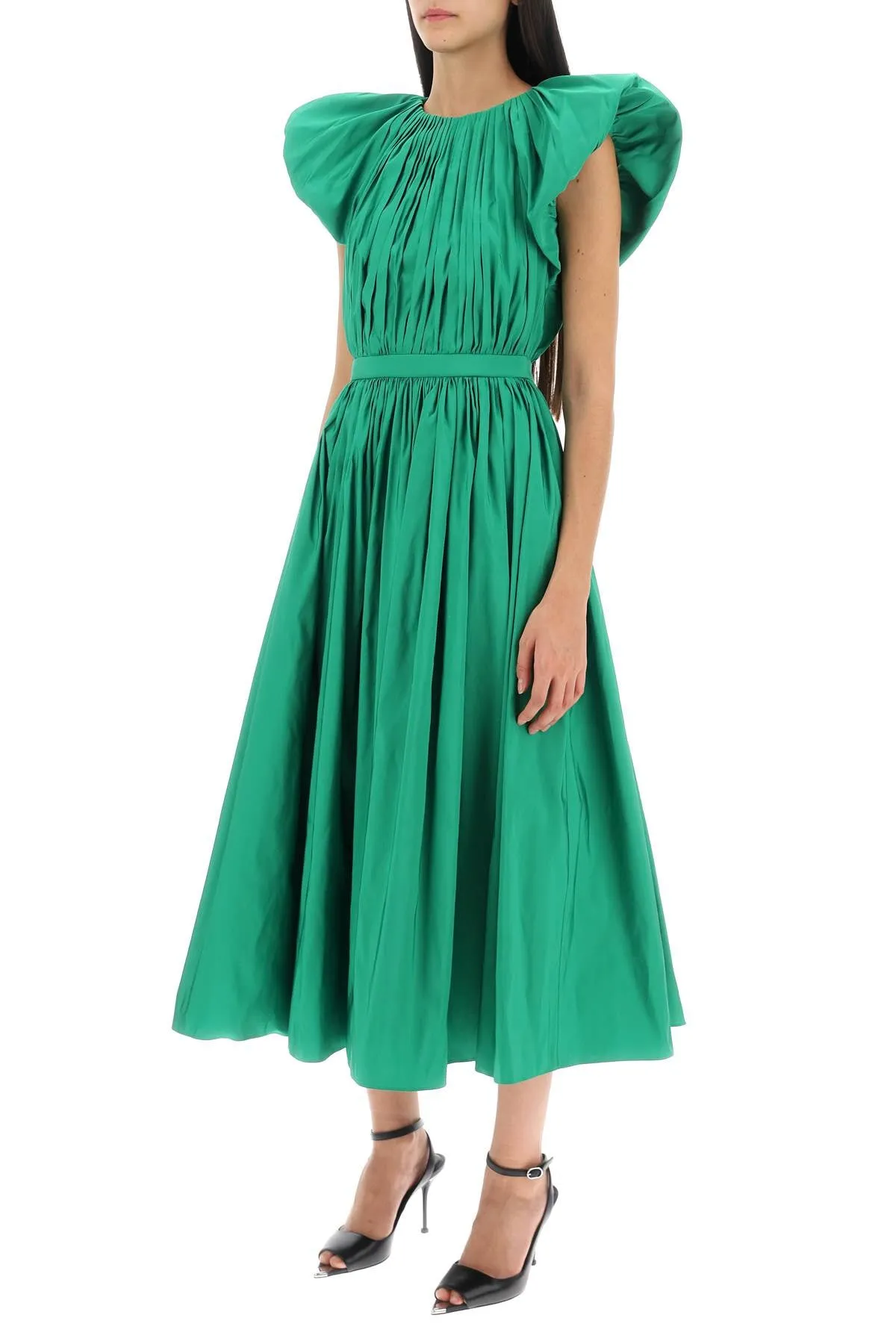 Alexander mcqueen pleated open back midi dress 752436 QEACM BRIGHT GREEN