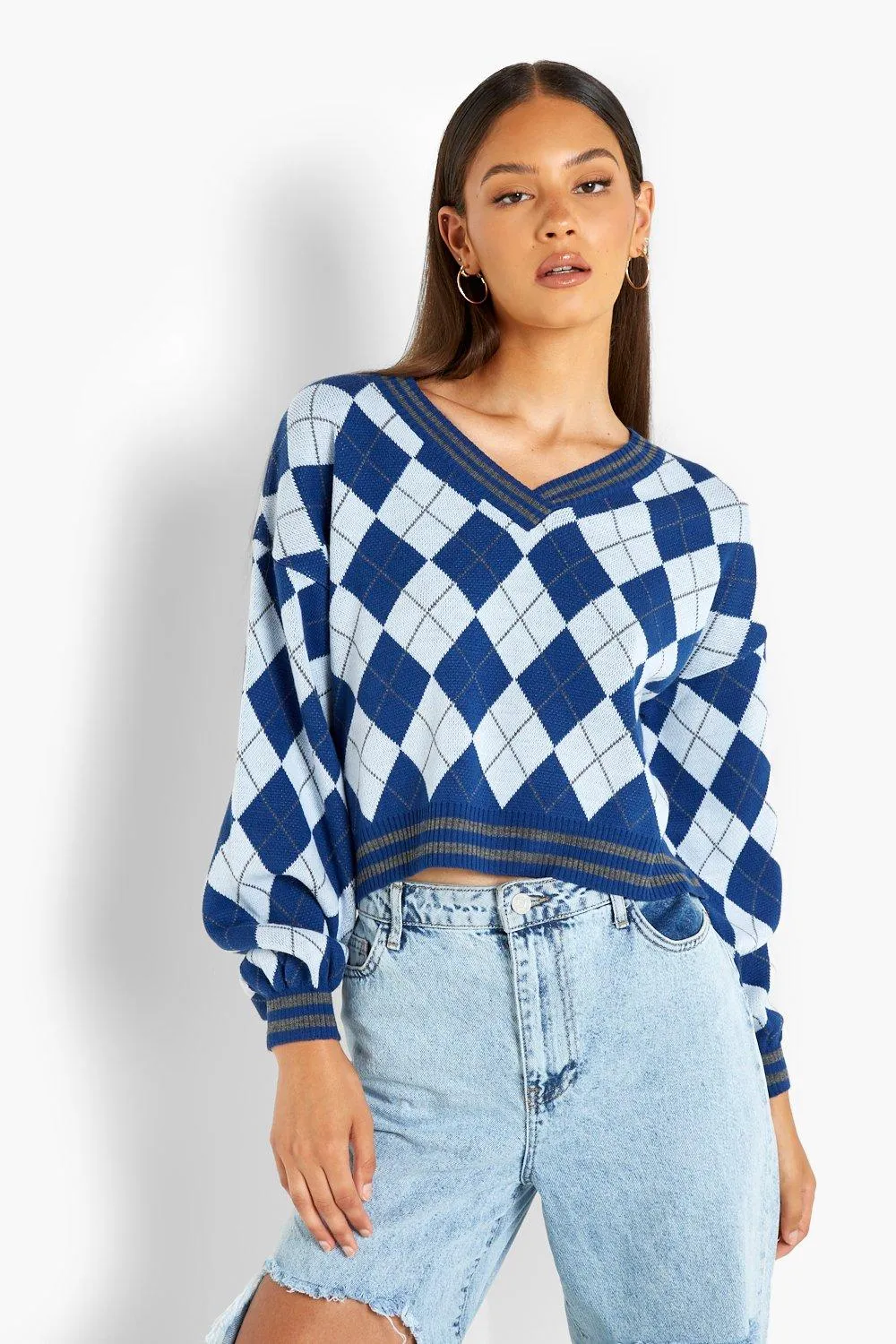 Argyle Flannel Varsity Crop Sweater