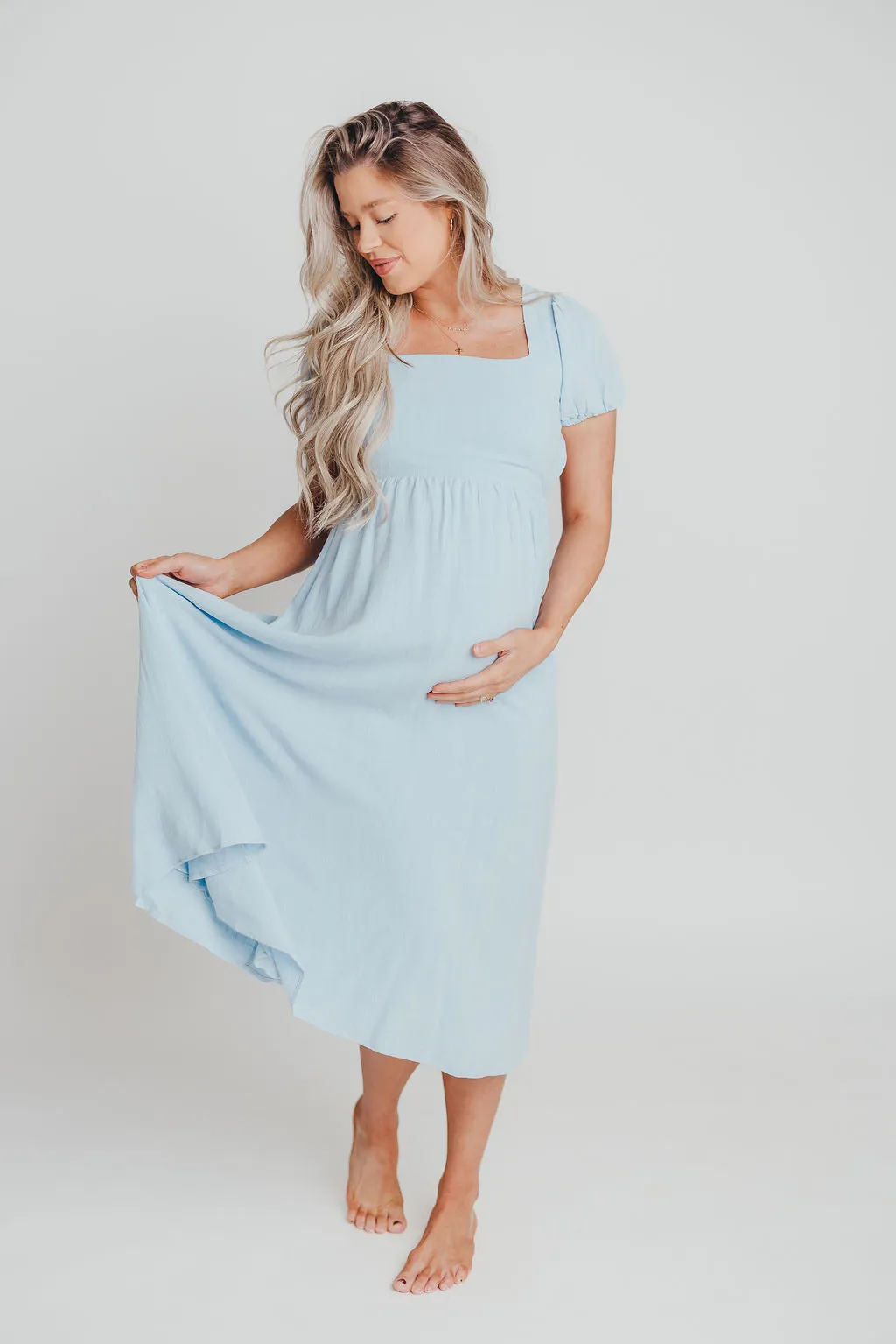 August Open Back Midi Dress in Baby Blue - Bump Friendly