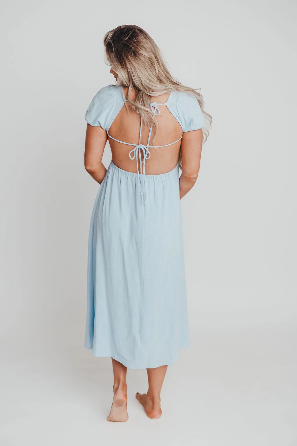 August Open Back Midi Dress in Baby Blue - Bump Friendly