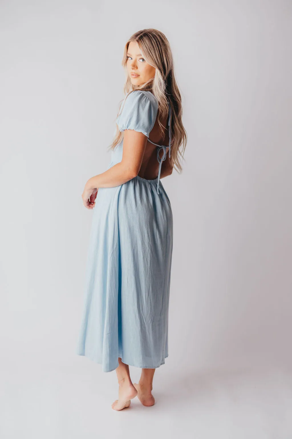 August Open Back Midi Dress in Baby Blue - Bump Friendly