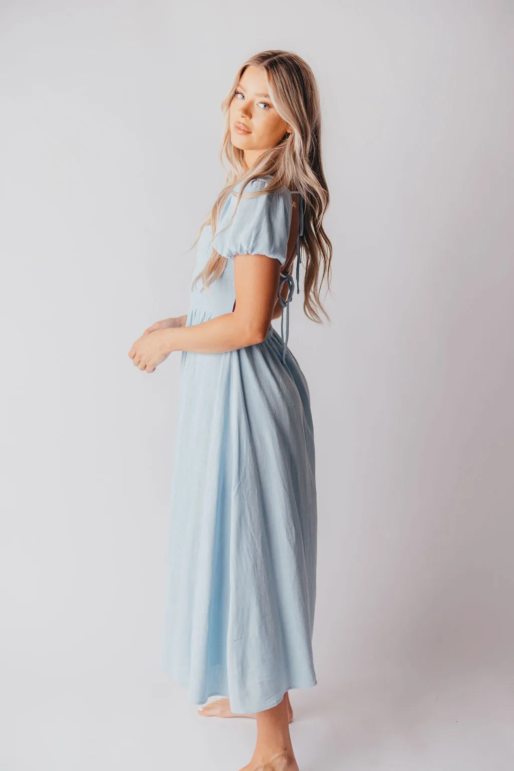 August Open Back Midi Dress in Baby Blue - Bump Friendly