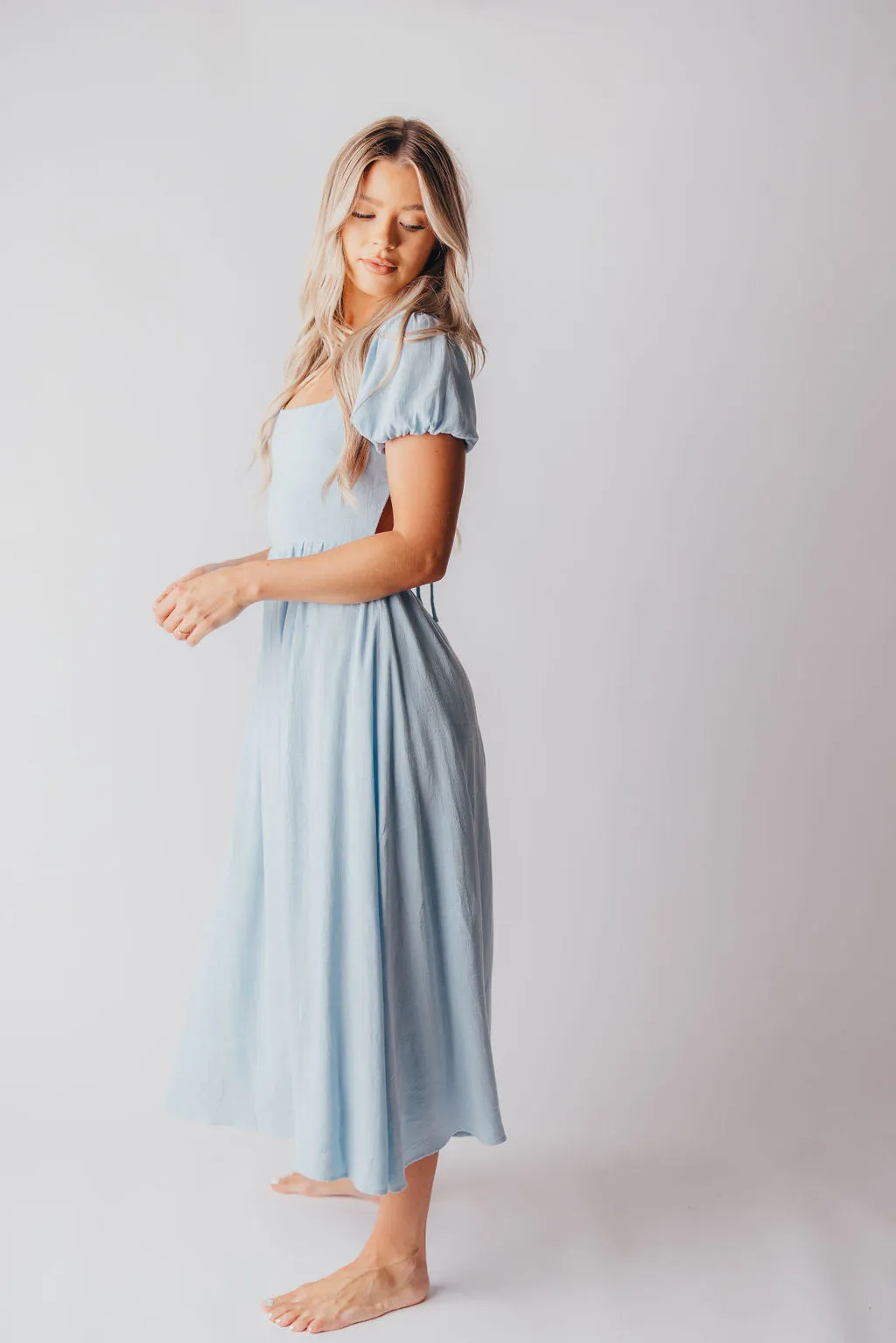 August Open Back Midi Dress in Baby Blue - Bump Friendly