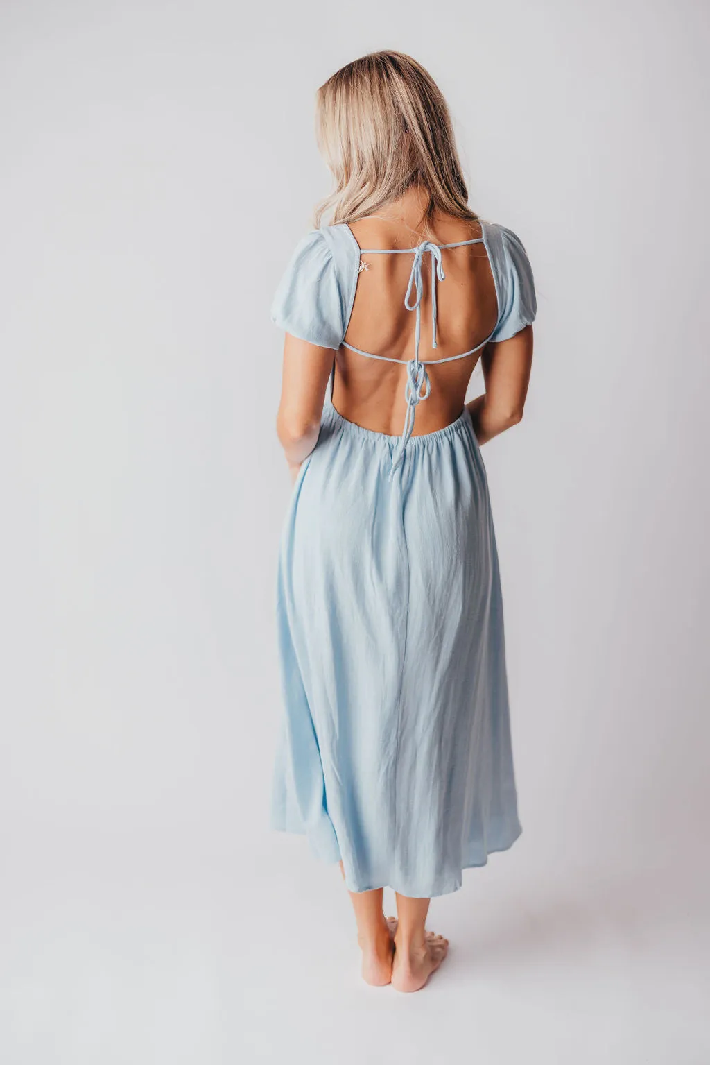 August Open Back Midi Dress in Baby Blue - Bump Friendly