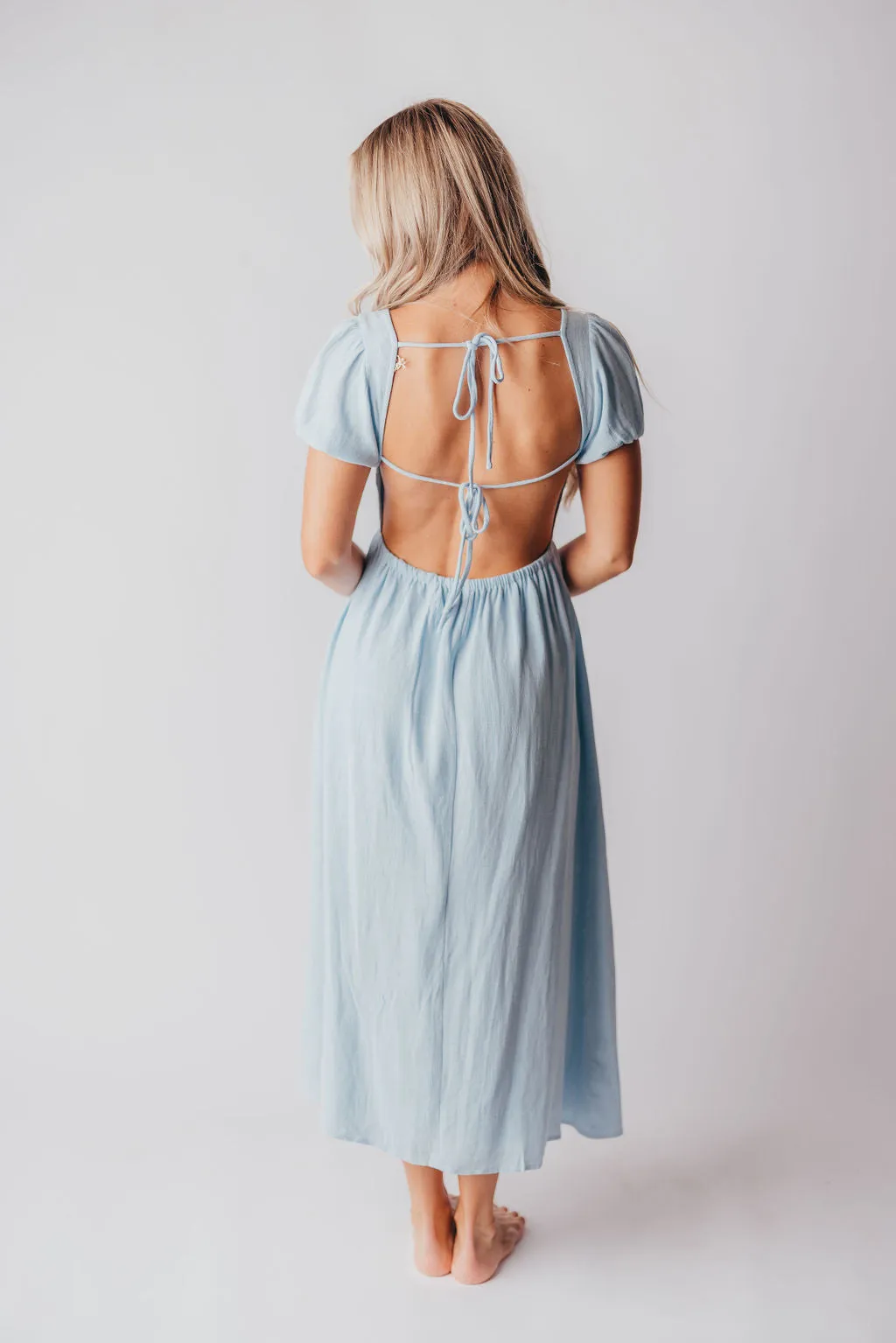 August Open Back Midi Dress in Baby Blue - Bump Friendly