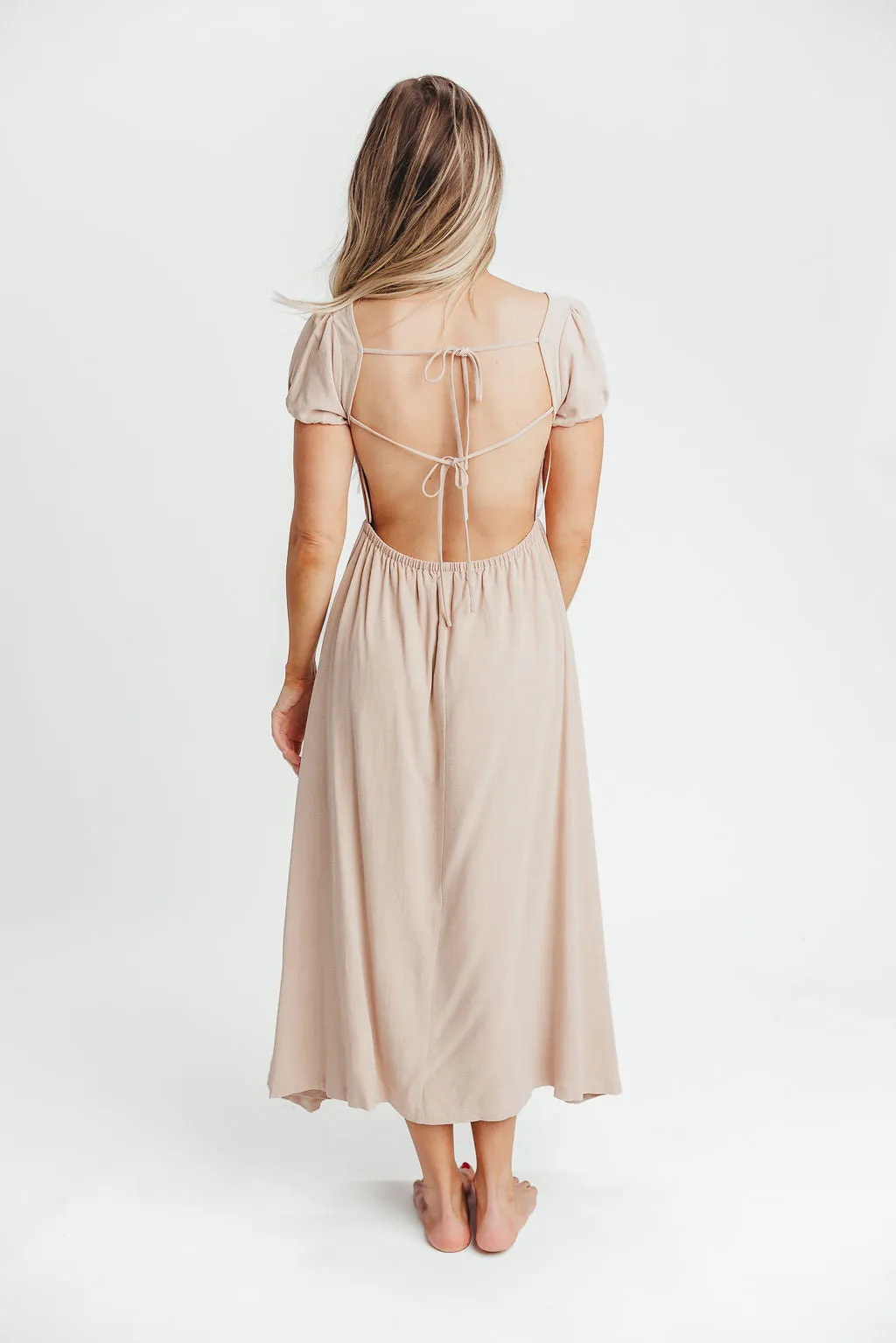 August Open Back Midi Dress in Taupe - Bump Friendly