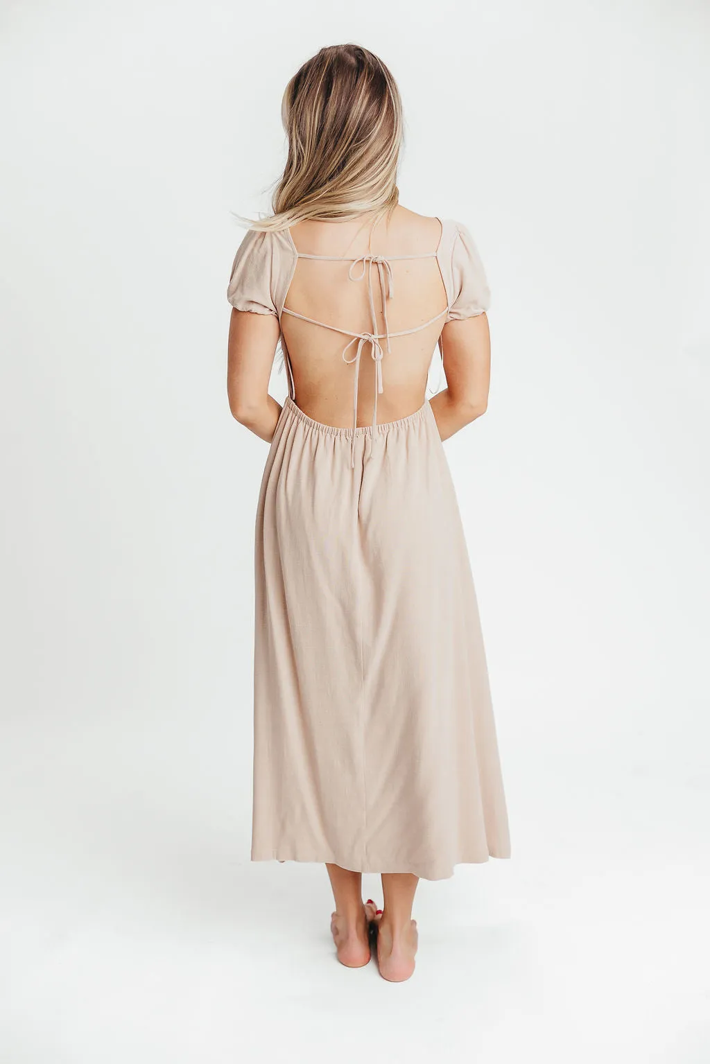 August Open Back Midi Dress in Taupe - Bump Friendly