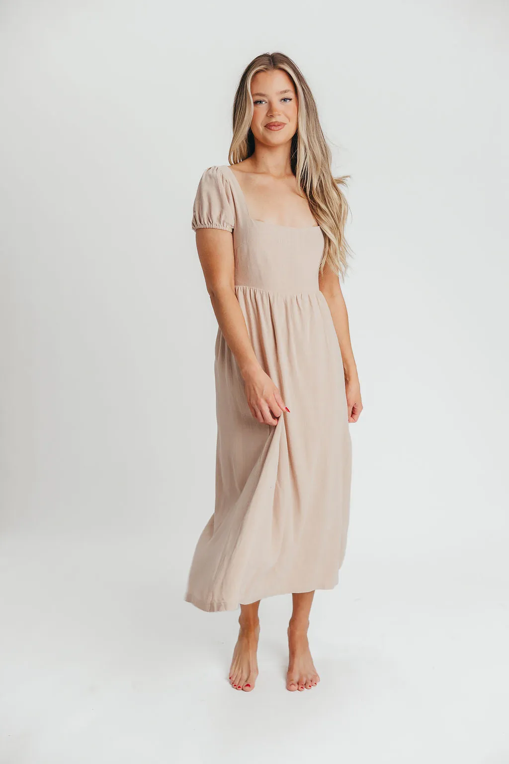 August Open Back Midi Dress in Taupe - Bump Friendly