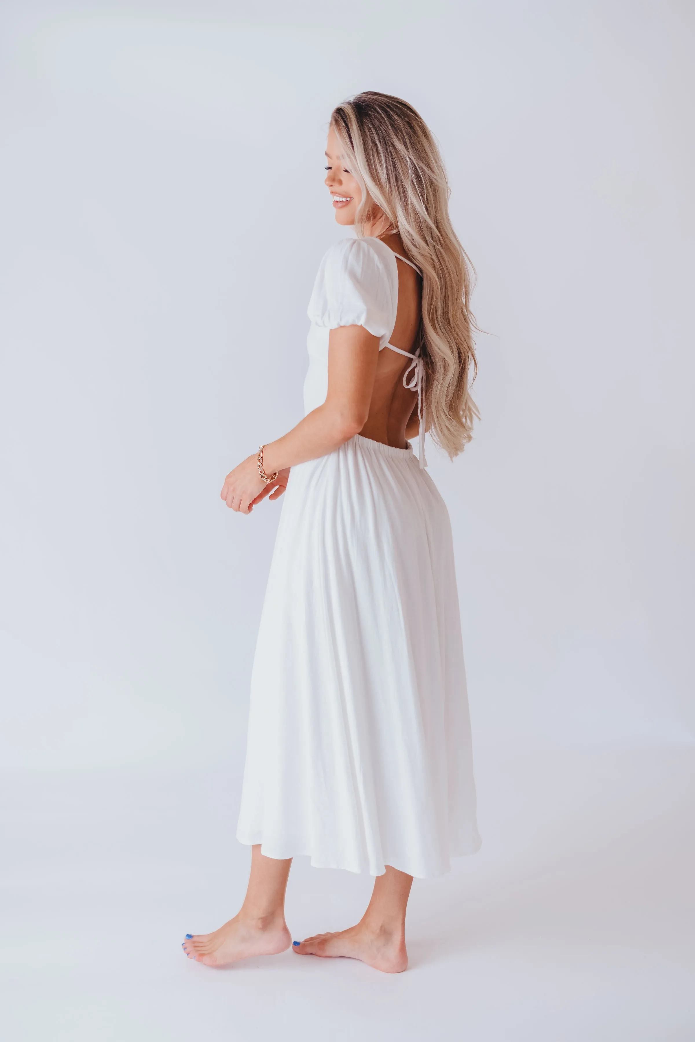 August Open Back Midi Dress in White - Bump Friendly