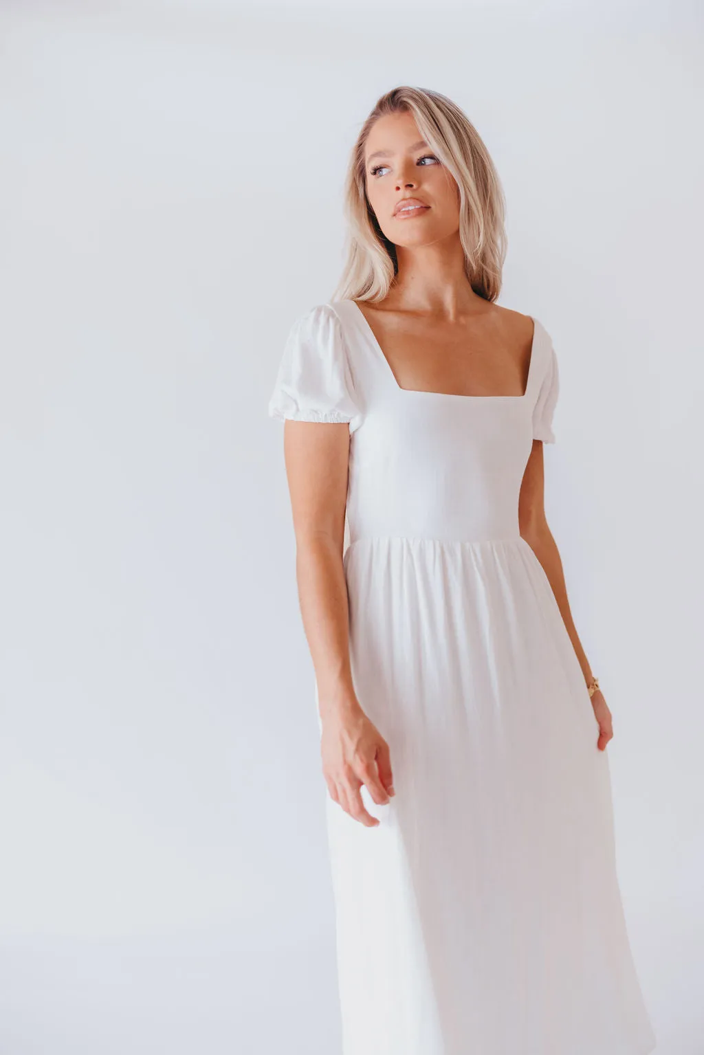 August Open Back Midi Dress in White - Bump Friendly