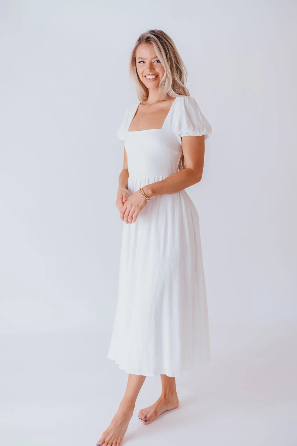 August Open Back Midi Dress in White - Bump Friendly