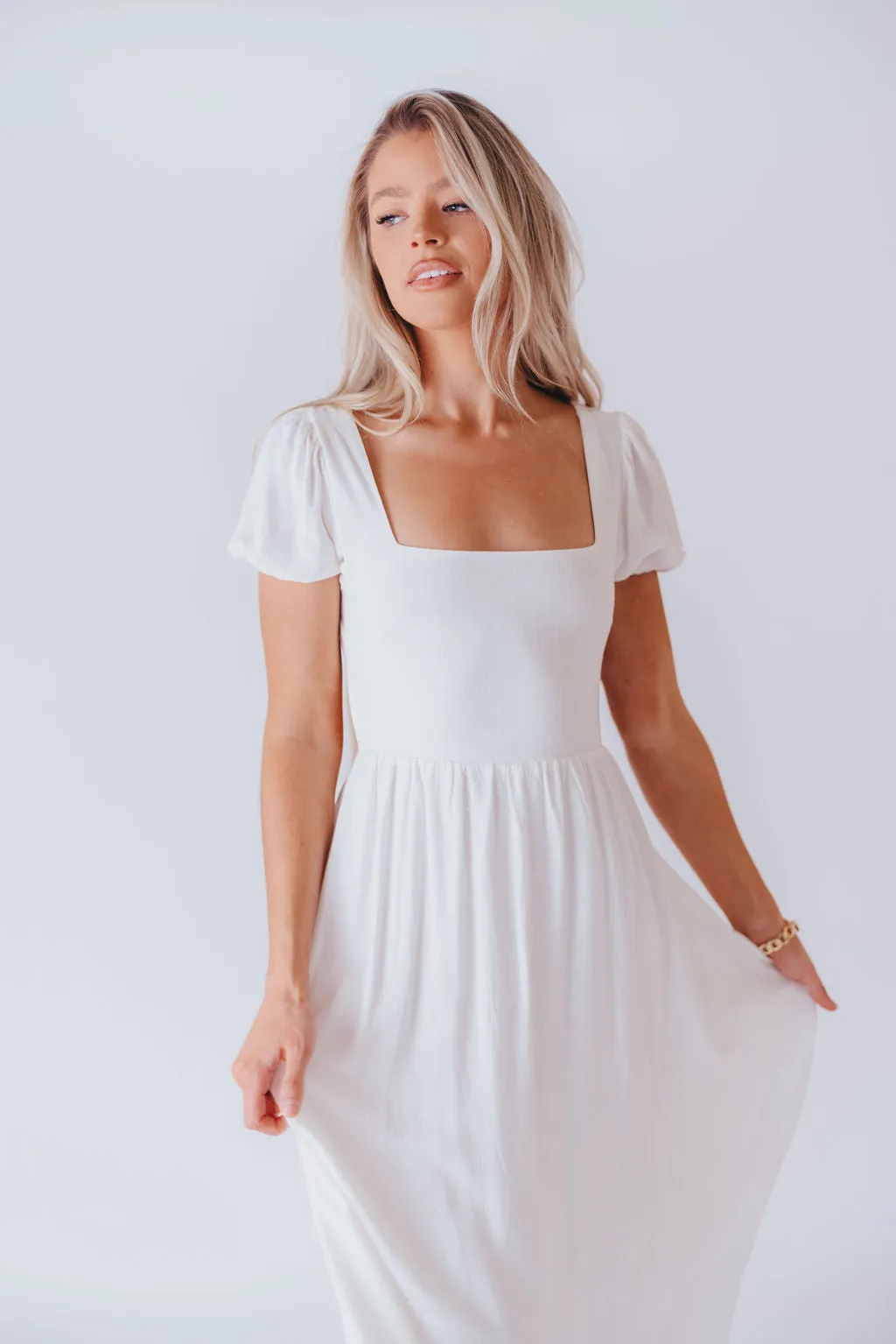 August Open Back Midi Dress in White - Bump Friendly