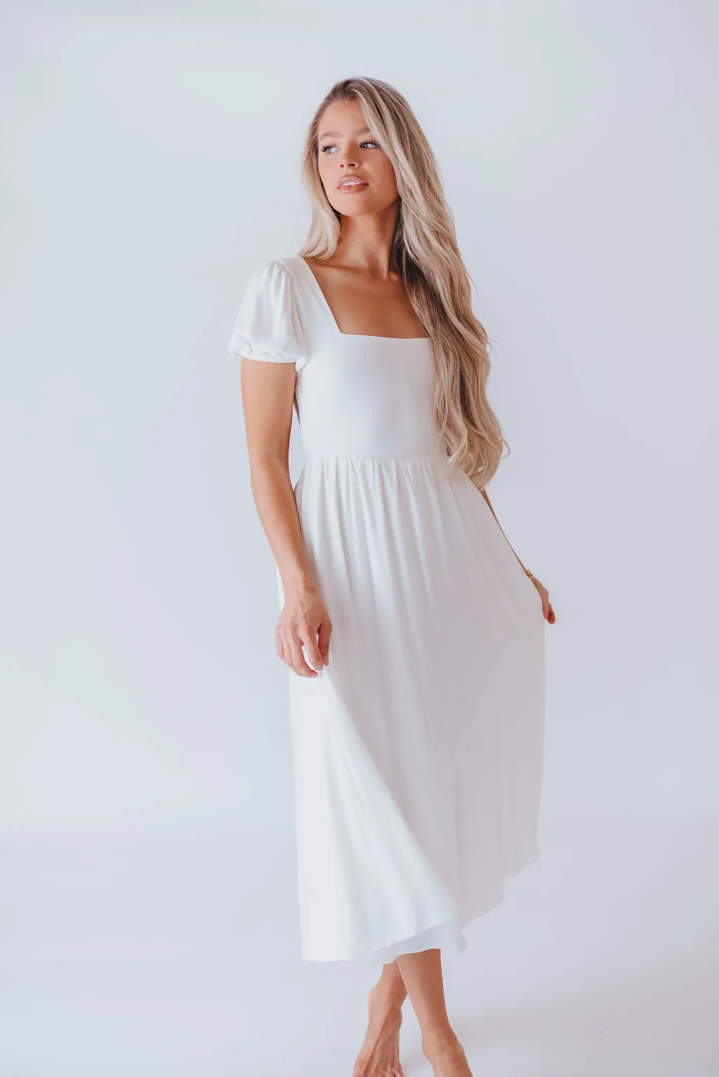 August Open Back Midi Dress in White - Bump Friendly