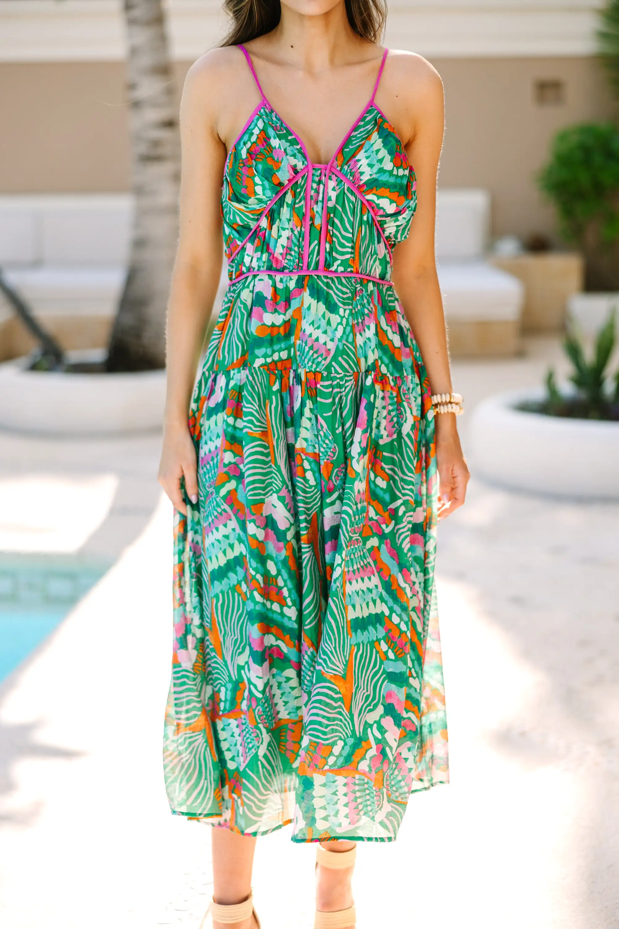 Back In Action Green Abstract Midi Dress