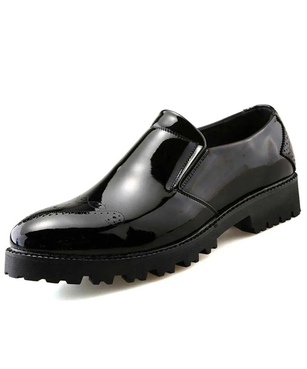 Black brogue patent leather slip on dress shoe