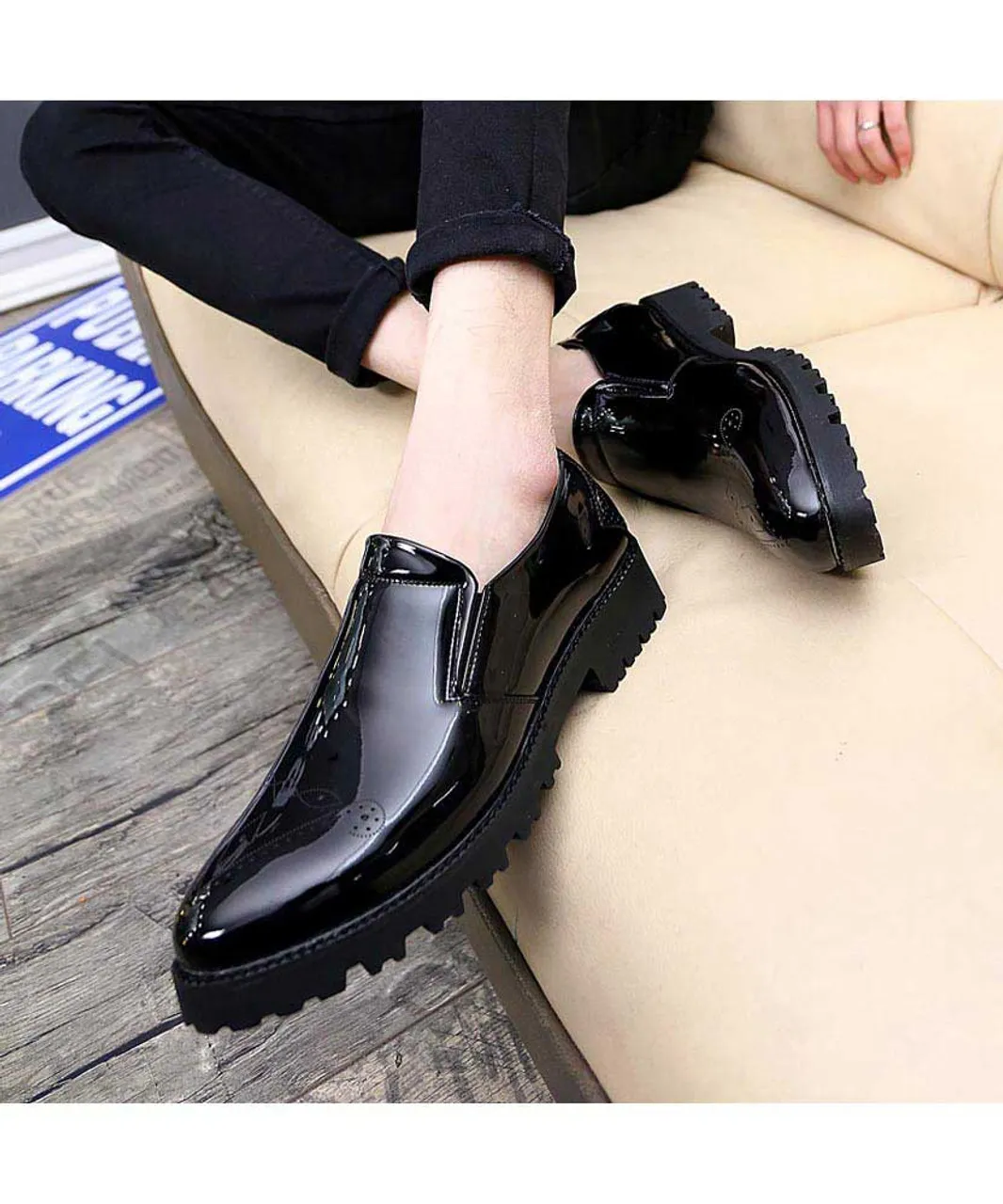 Black brogue patent leather slip on dress shoe