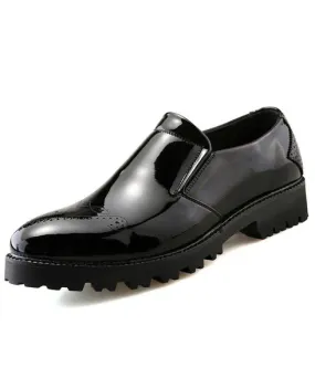 Black brogue patent leather slip on dress shoe