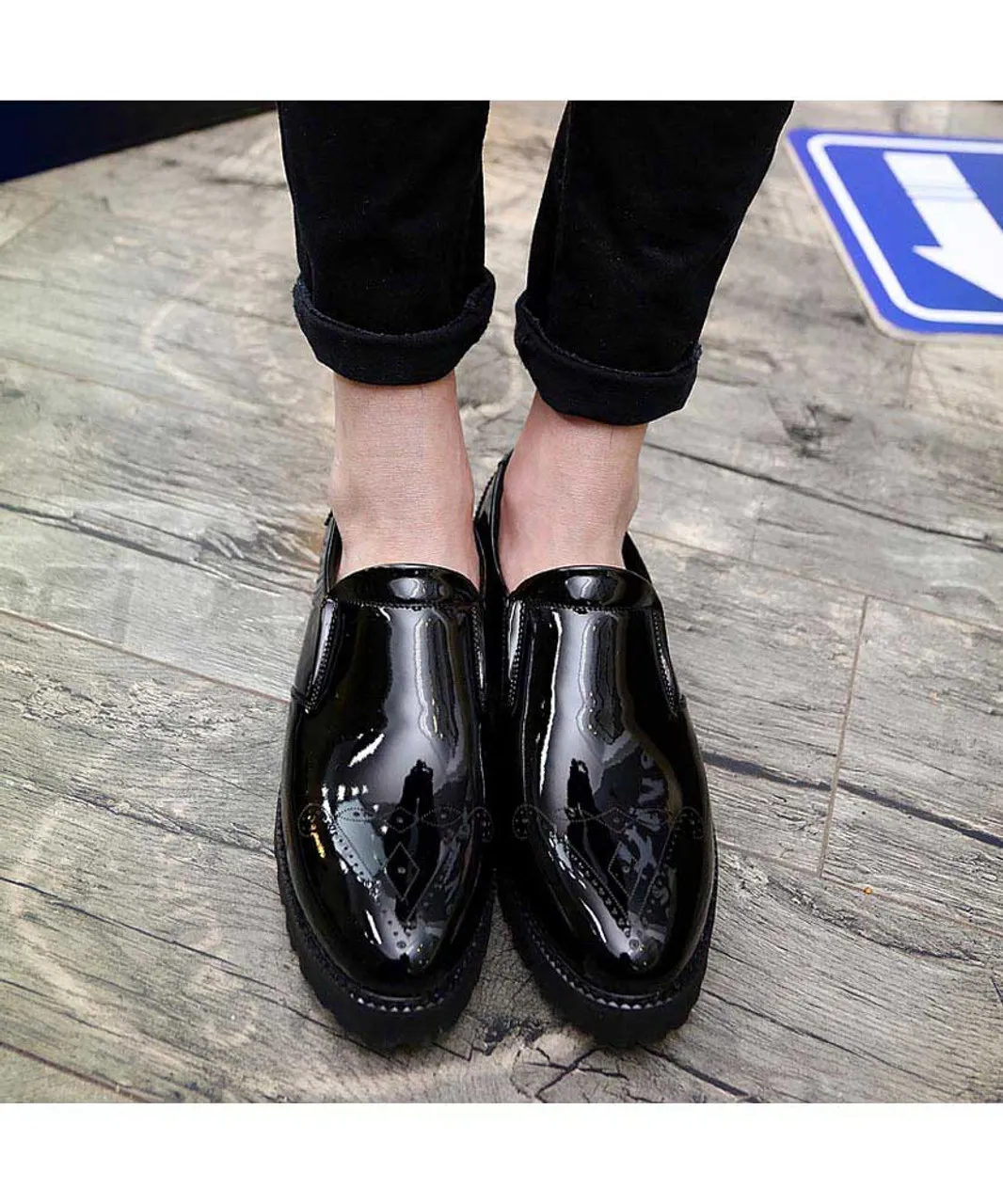 Black brogue patent leather slip on dress shoe