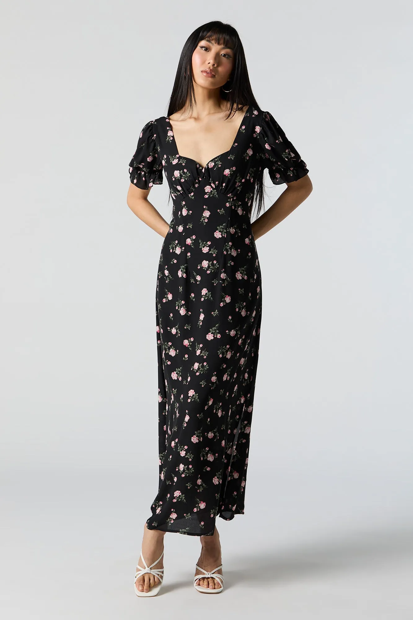 Black Floral Self-Tie Back Midi Dress