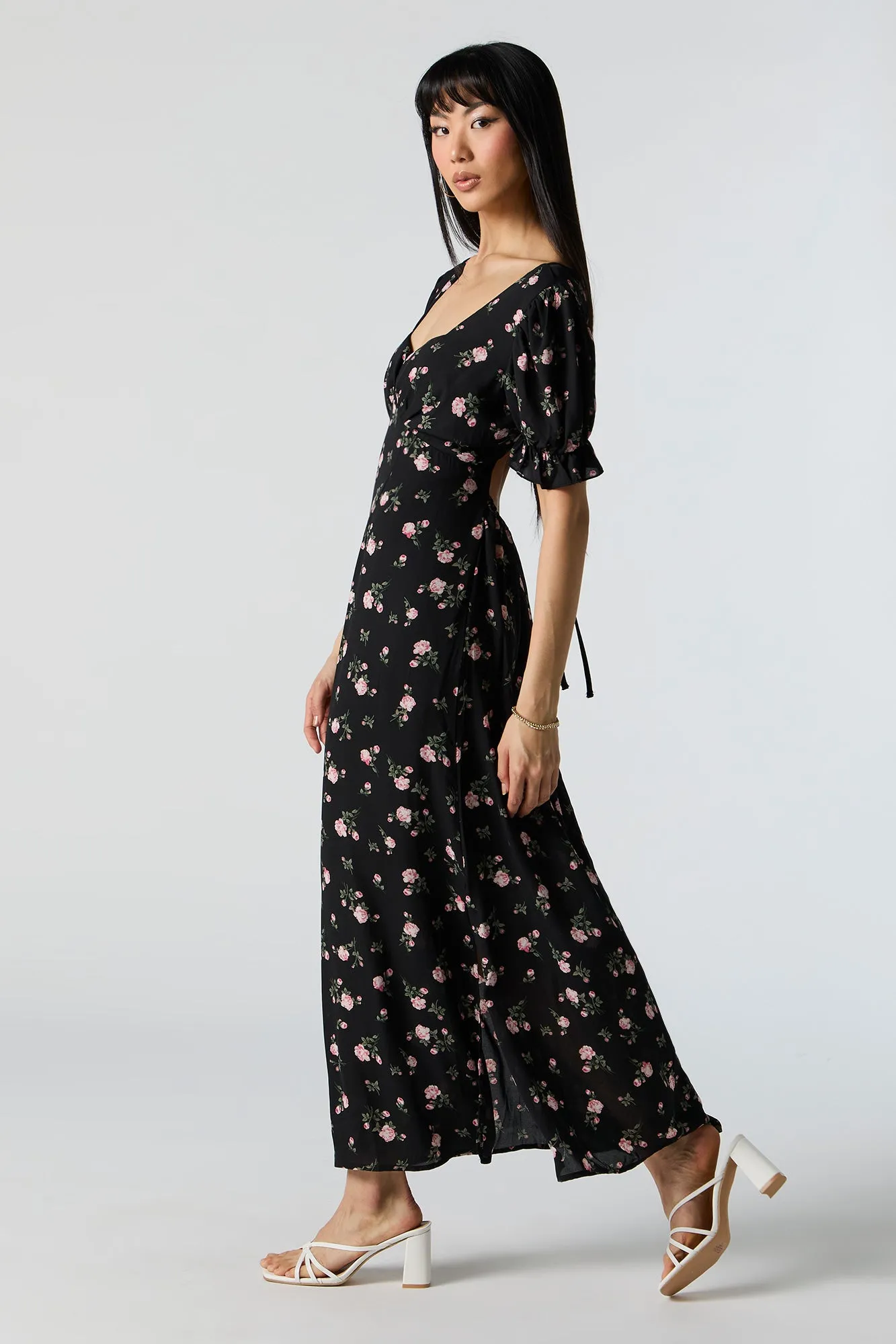 Black Floral Self-Tie Back Midi Dress