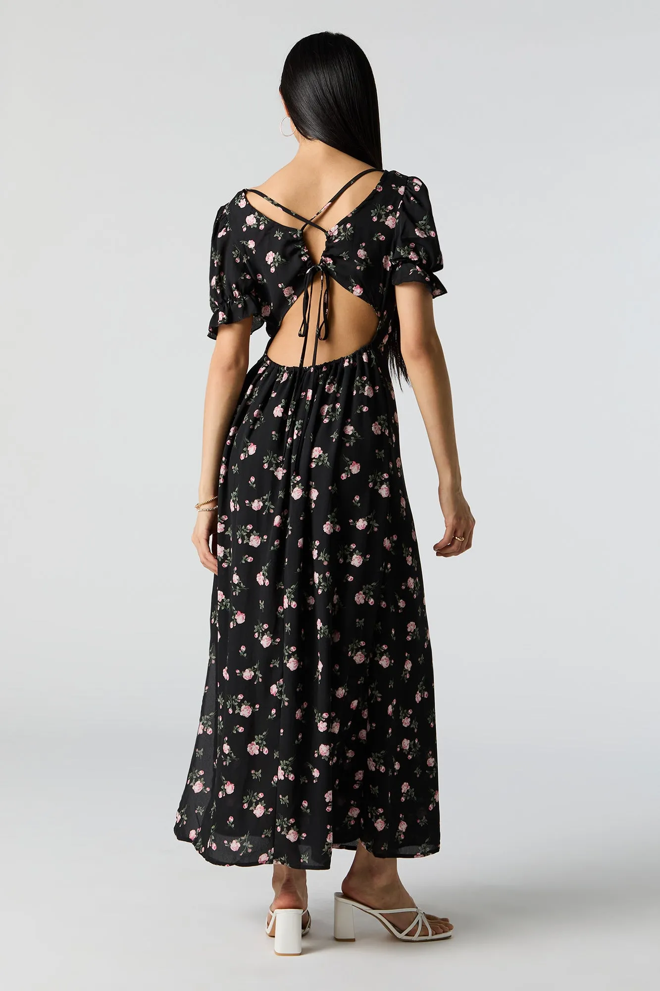 Black Floral Self-Tie Back Midi Dress