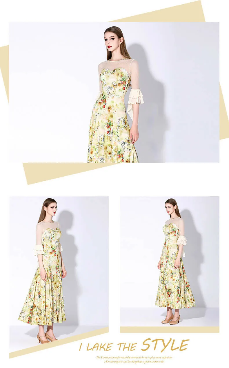 Blossom Motif Ballroom Dance Dress | Blue/Wine Red/Purple/Yellow | 880