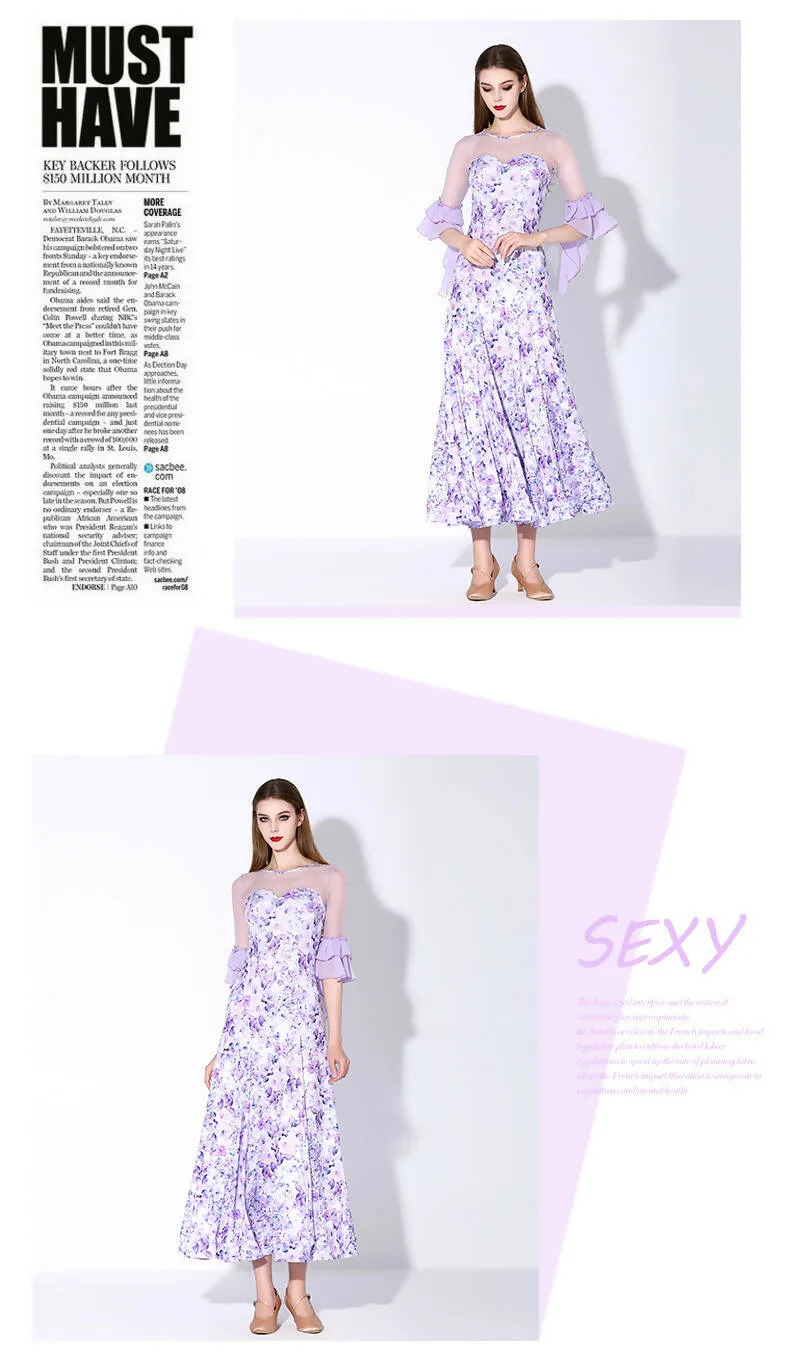 Blossom Motif Ballroom Dance Dress | Blue/Wine Red/Purple/Yellow | 880