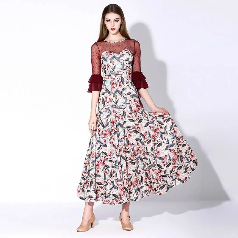 Blossom Motif Ballroom Dance Dress | Blue/Wine Red/Purple/Yellow | 880