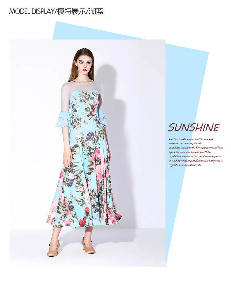 Blossom Motif Ballroom Dance Dress | Blue/Wine Red/Purple/Yellow | 880