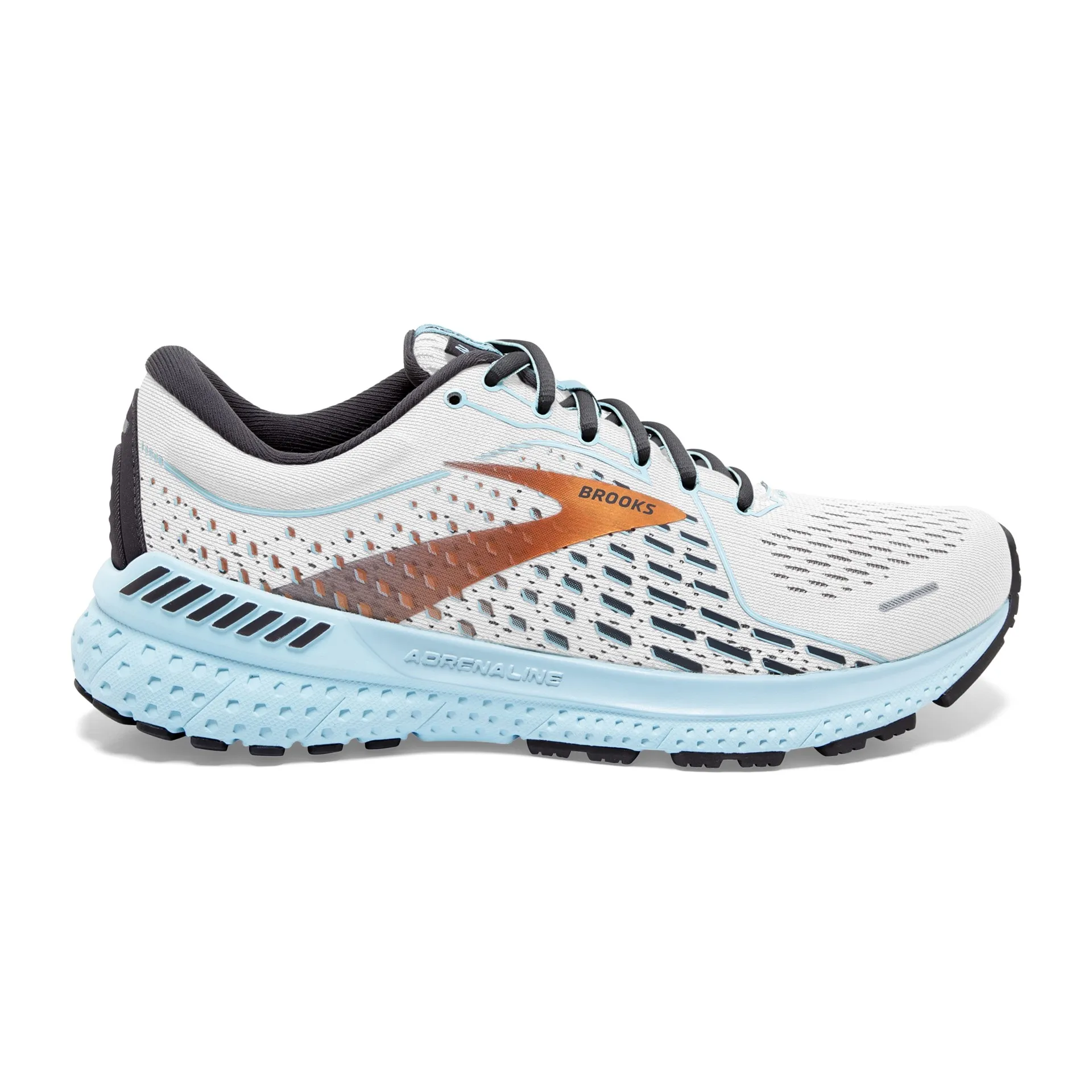 Brooks Womens Adrenaline GTS 21 Running Shoe- White/Alloy/Light Blue