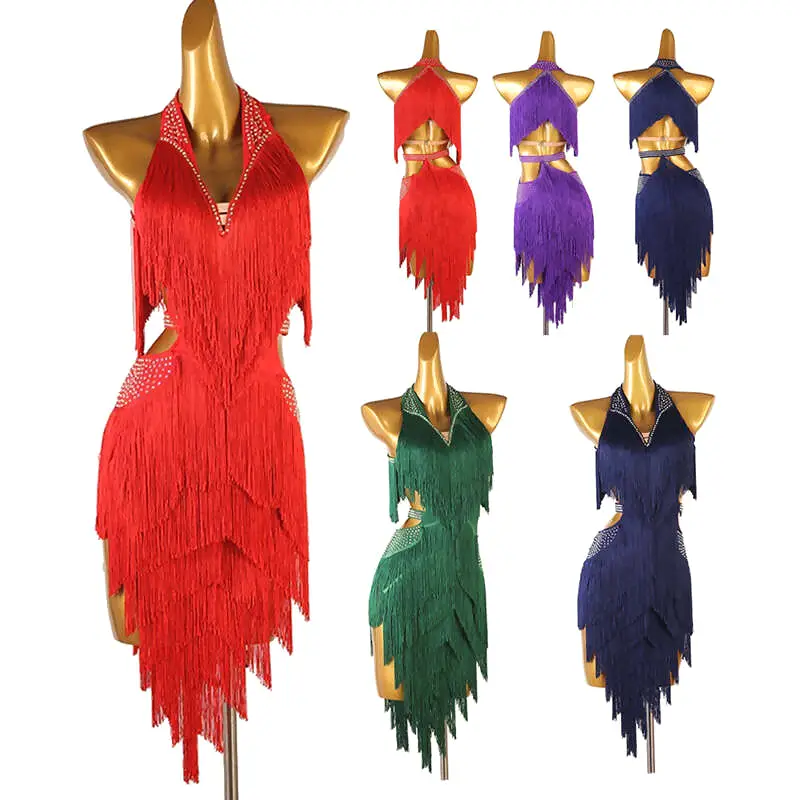 Chromatic Cascade Fringed Latin Dance Dress | Red/Blue/Purple/Green/Yellow | LQ411