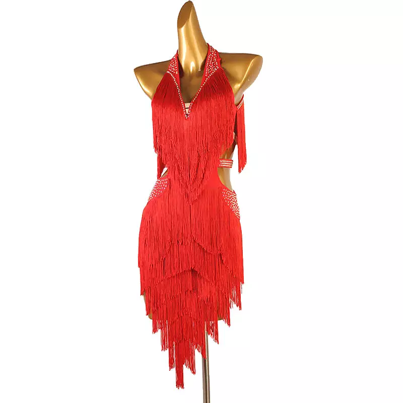 Chromatic Cascade Fringed Latin Dance Dress | Red/Blue/Purple/Green/Yellow | LQ411