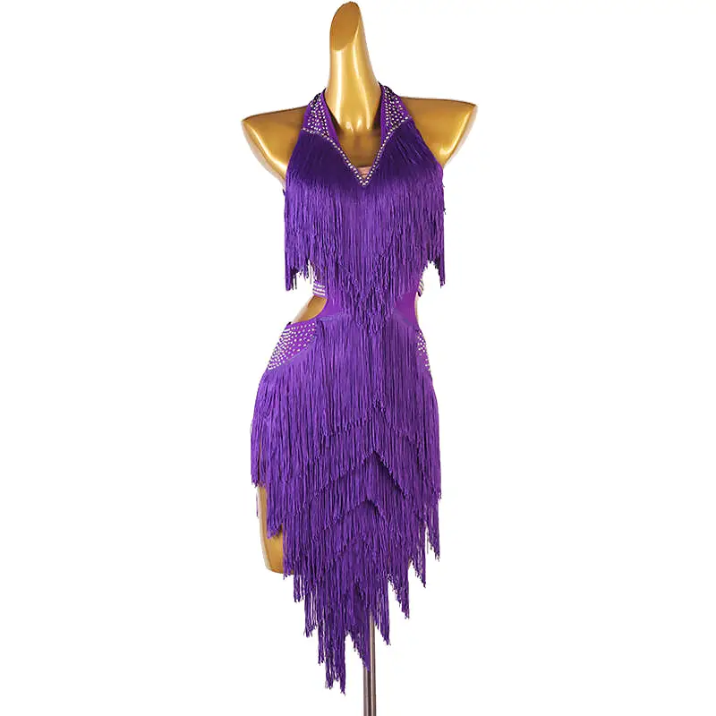 Chromatic Cascade Fringed Latin Dance Dress | Red/Blue/Purple/Green/Yellow | LQ411