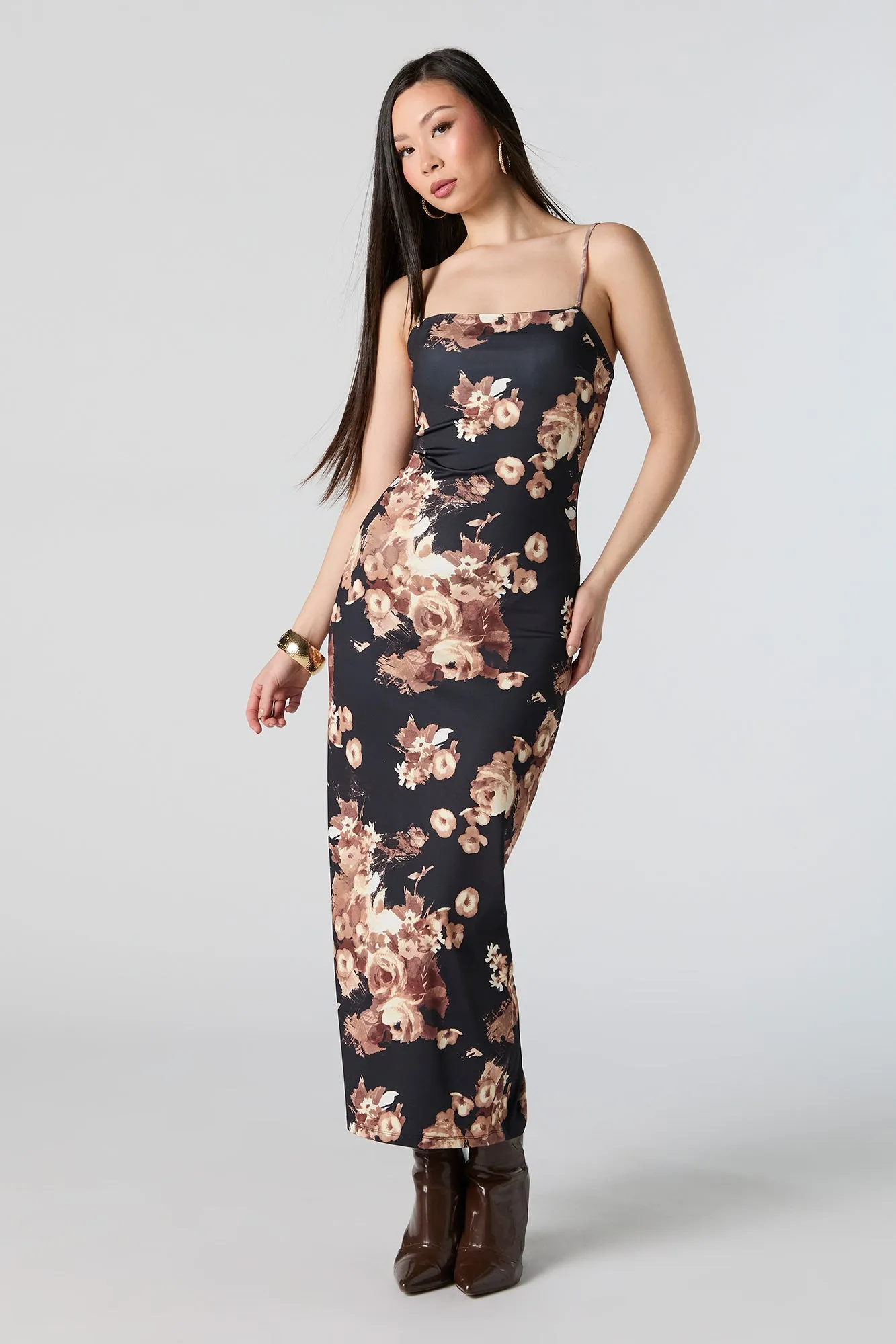 Contour Floral Square Neck Slit Back Midi Dress