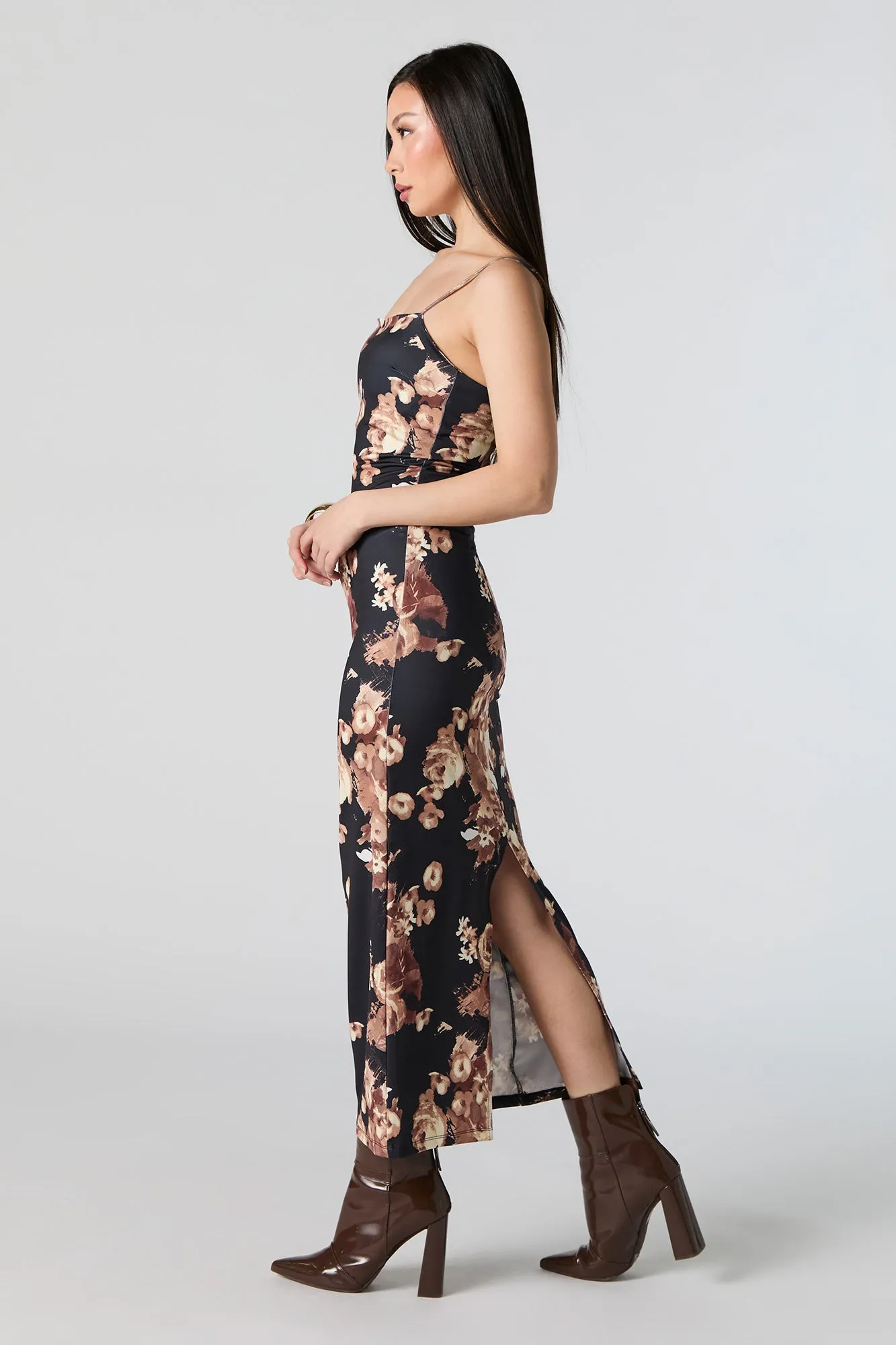 Contour Floral Square Neck Slit Back Midi Dress