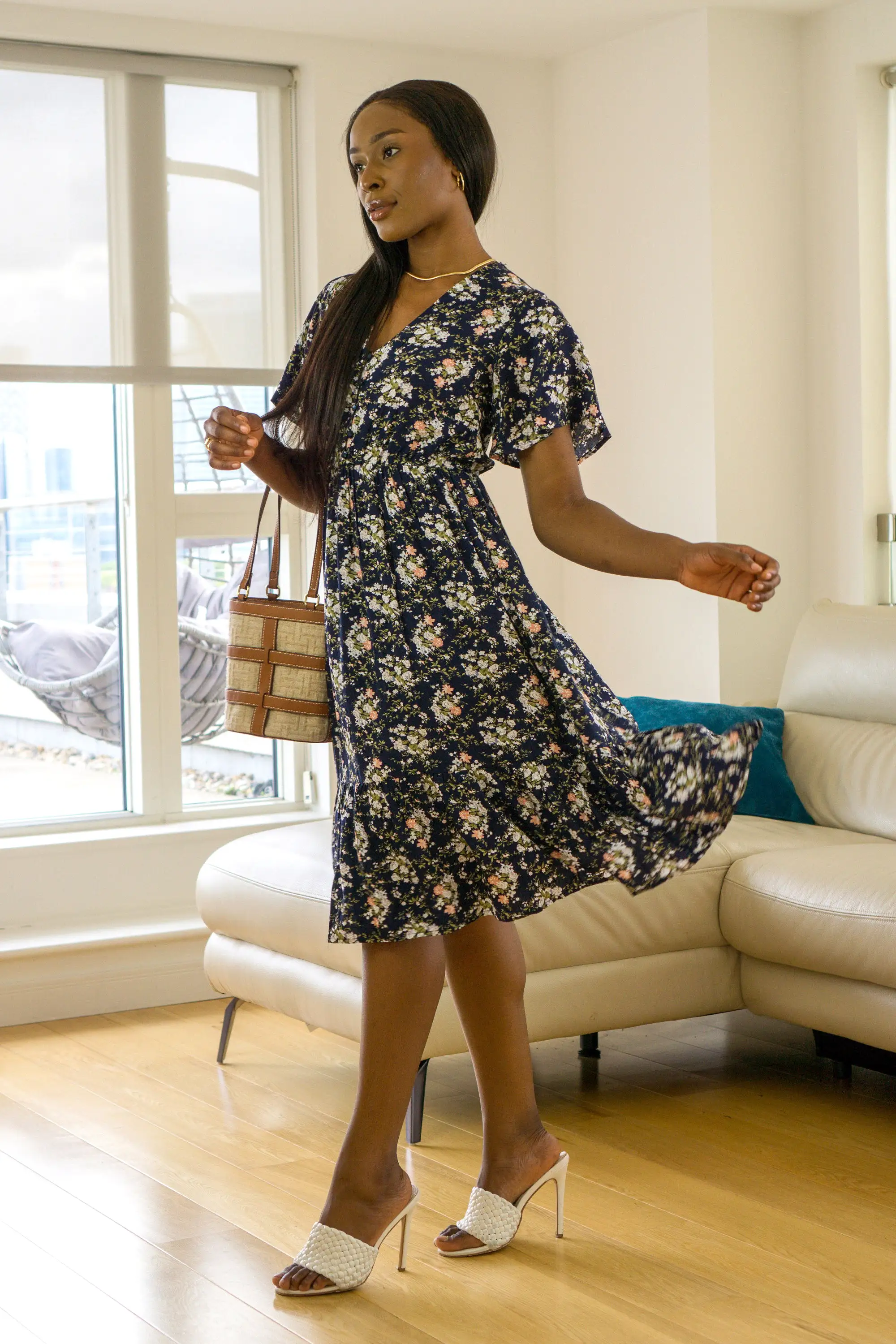 Double Second Navy Floral Keyhole Back Tiered Midi Dress