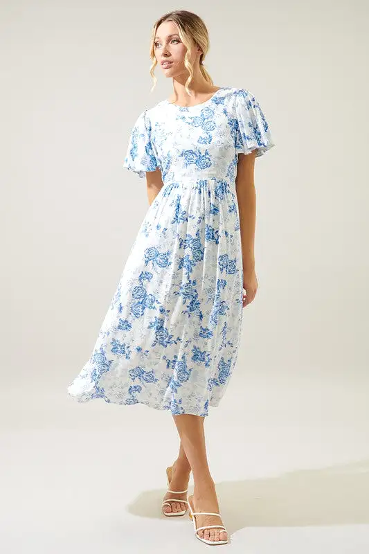 French Rose Sonny Back Cut Out Midi Dress - Blue