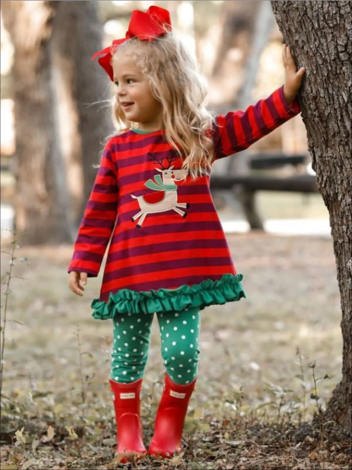 Girls Christmas Themed Striped Rudolph Applique Long Sleeve Tunic And Polka Dot Legging Set