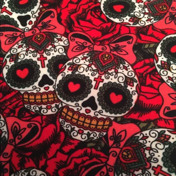 Girls Rose Skull Leggings, Kids Yoga Pants, Sizes S/L, No-Roll Waist, Red/Black