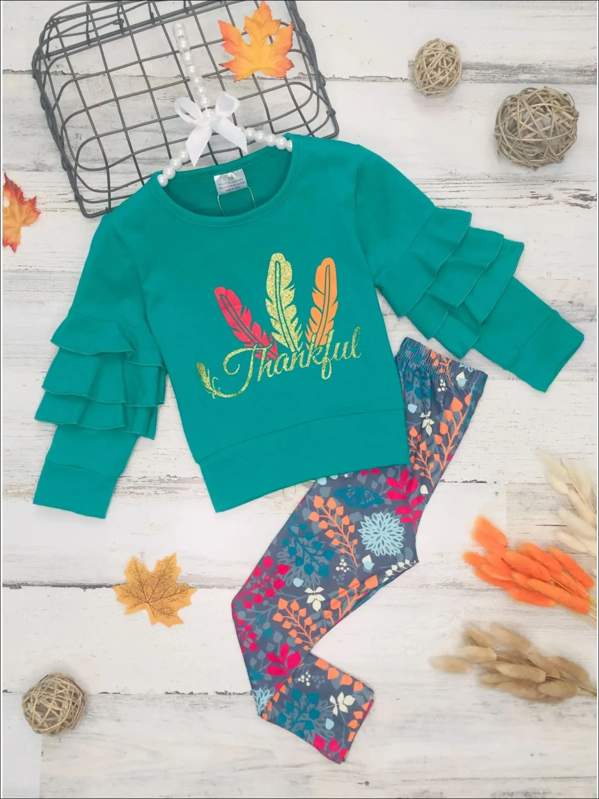 Girls Thankful Feather Print Ruffled Sweatshirt And Floral Legging Set