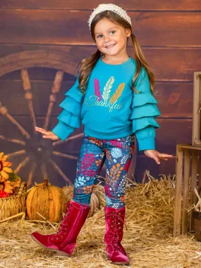 Girls Thankful Feather Print Ruffled Sweatshirt And Floral Legging Set