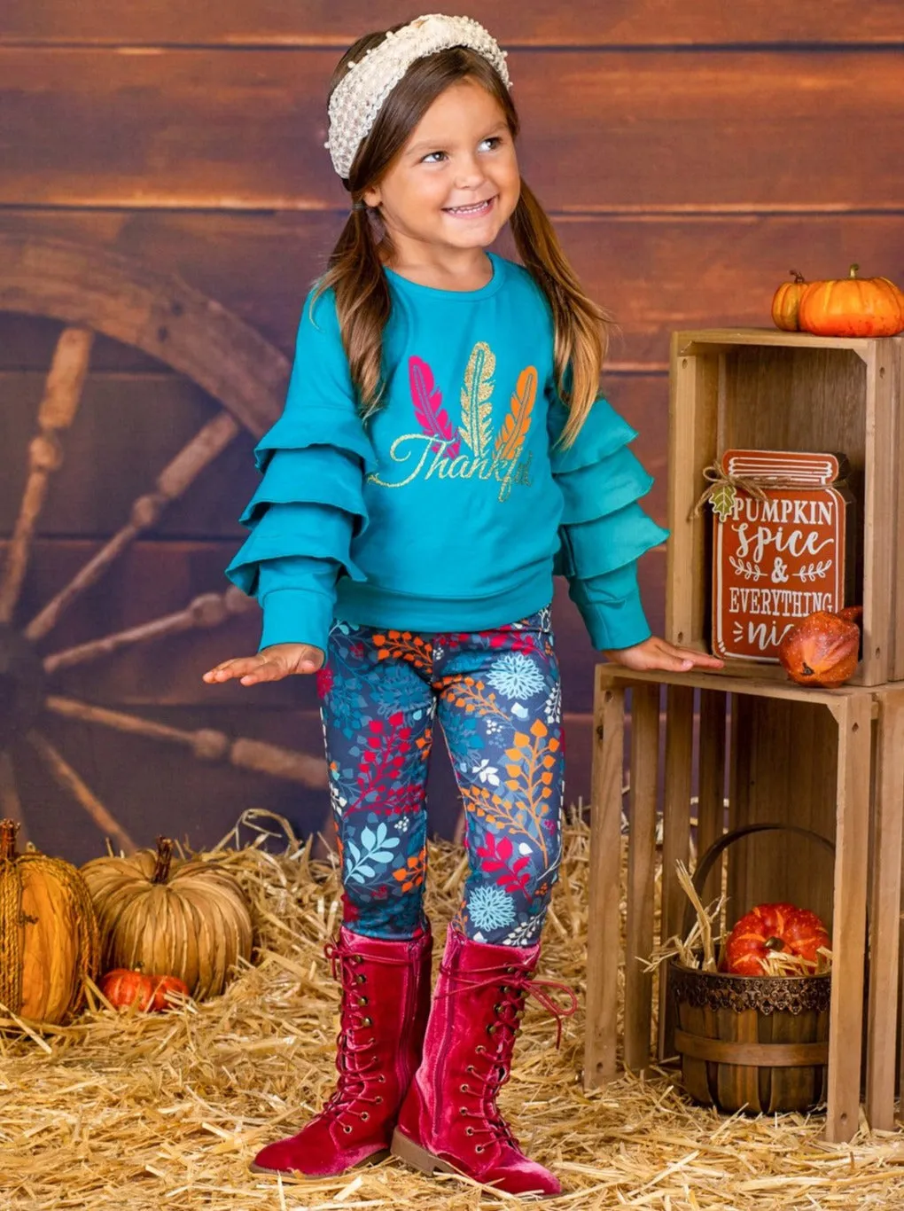 Girls Thankful Feather Print Ruffled Sweatshirt And Floral Legging Set