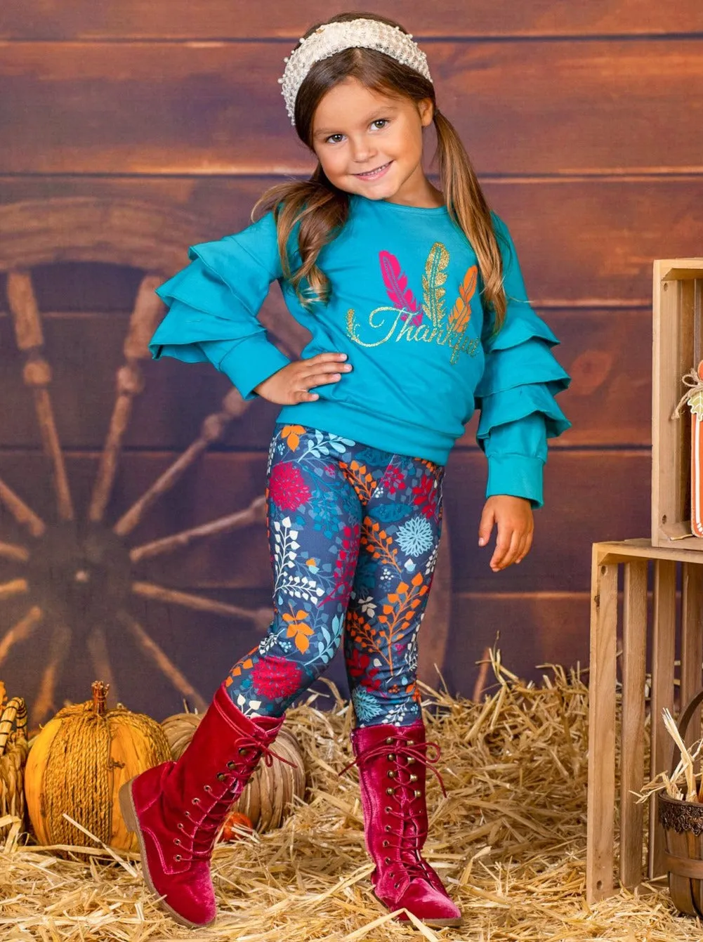 Girls Thankful Feather Print Ruffled Sweatshirt And Floral Legging Set