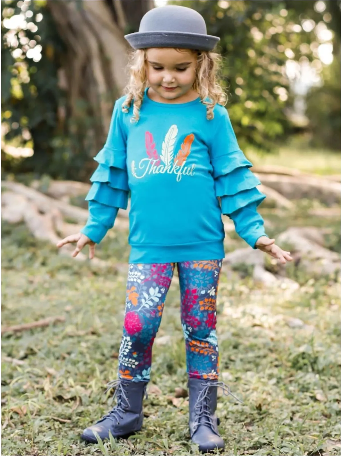 Girls Thankful Feather Print Ruffled Sweatshirt And Floral Legging Set