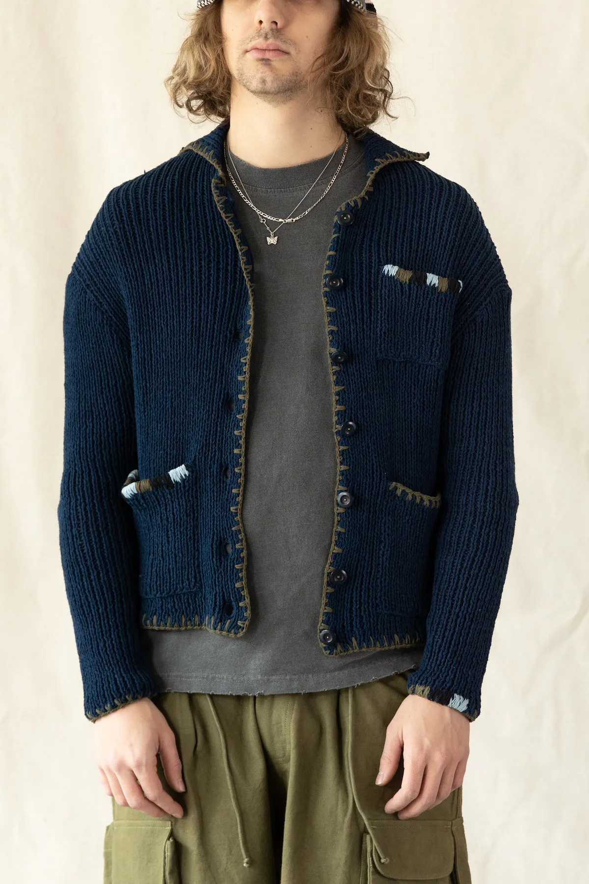 Grandad Cardigan Hand Knit - Indigo