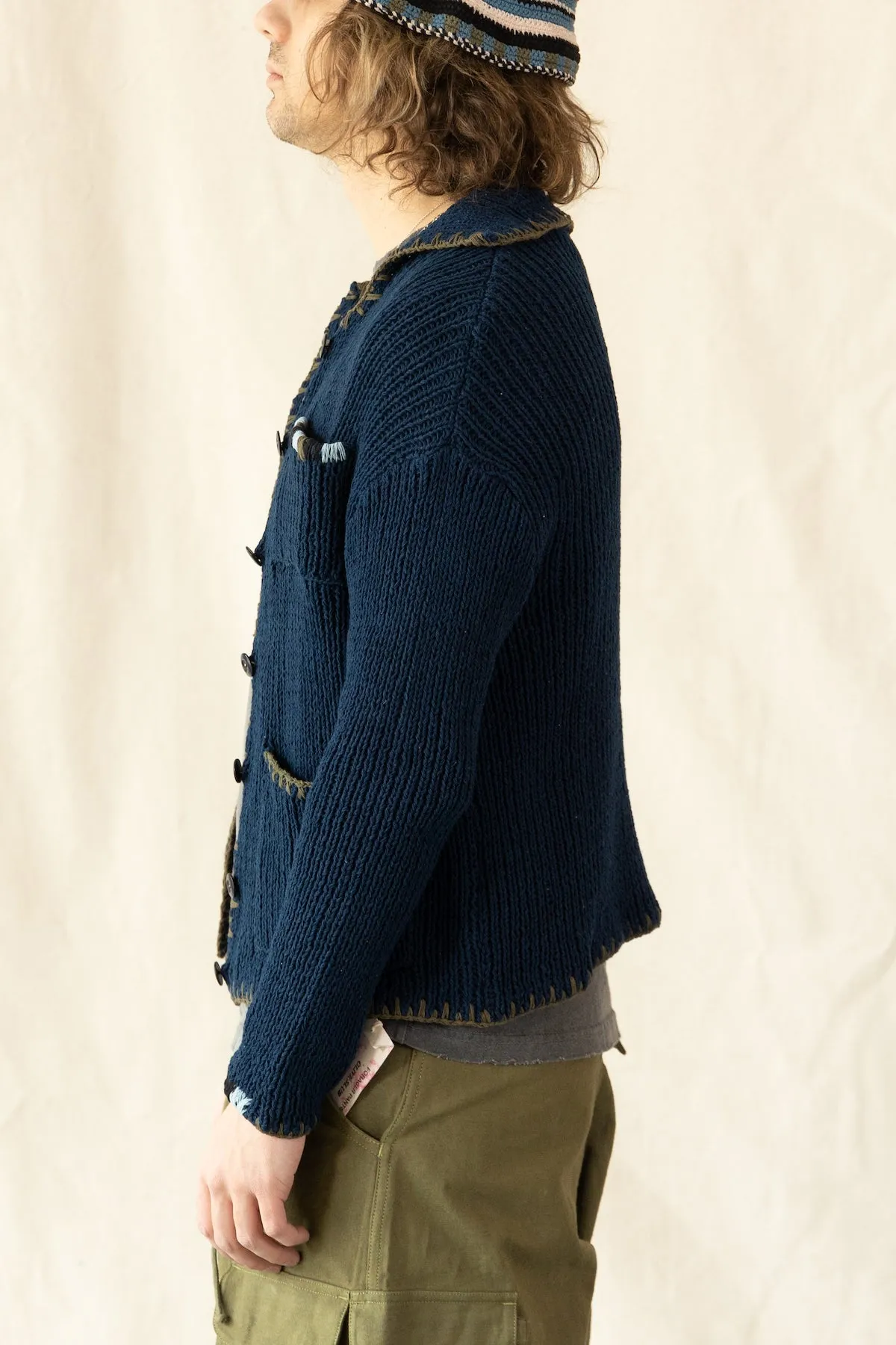 Grandad Cardigan Hand Knit - Indigo