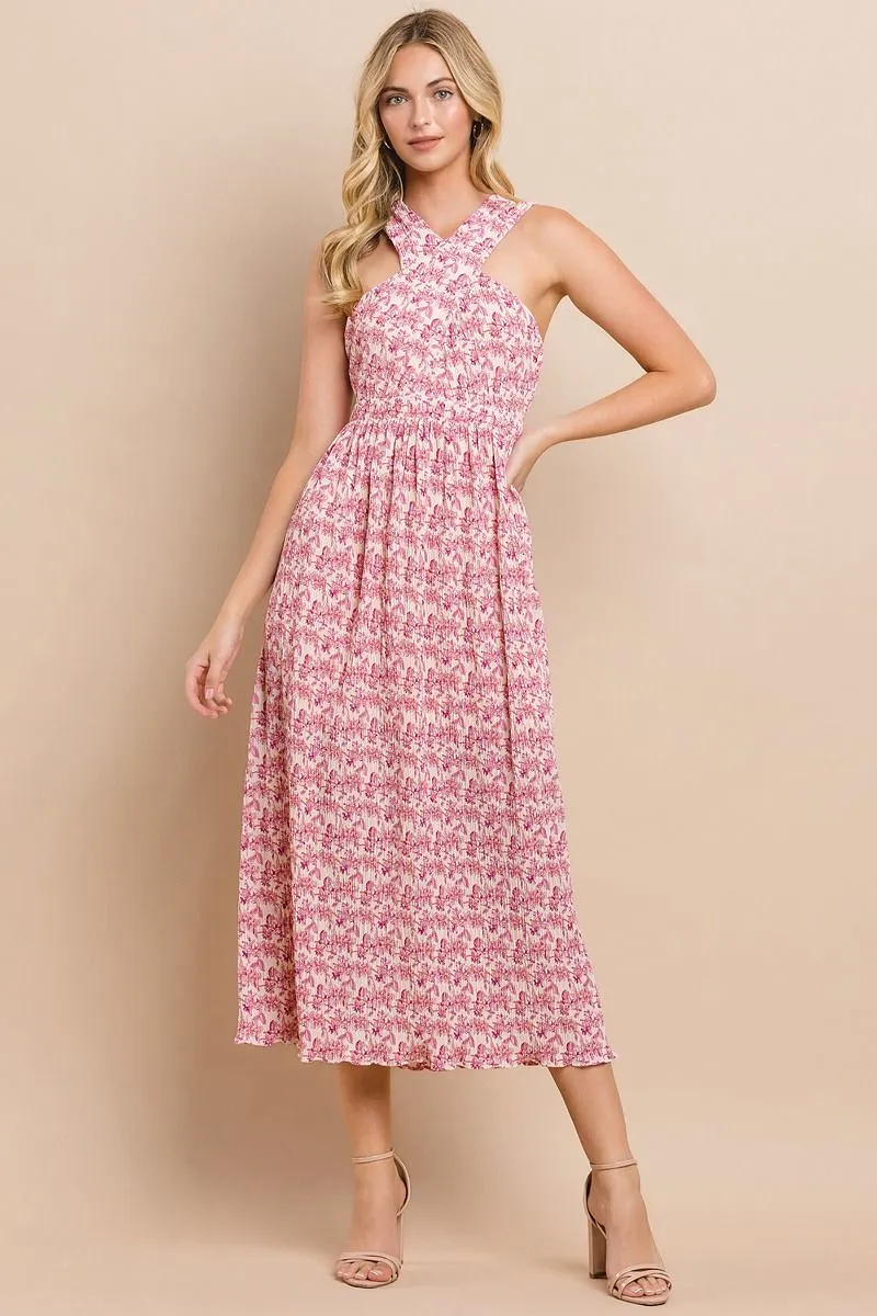 Halter Neckline Printed Pleated Midi Dress