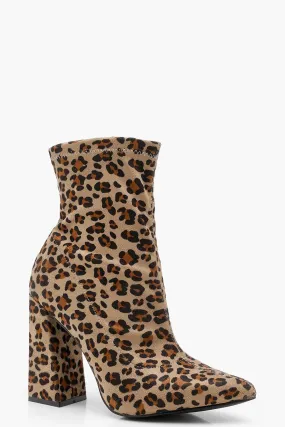 Leopard Print Flared Heel Sock Boots